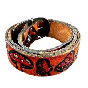 Mushroom Snail Tooled Leather Belt 30 Tan Vintage Boho Made in USA